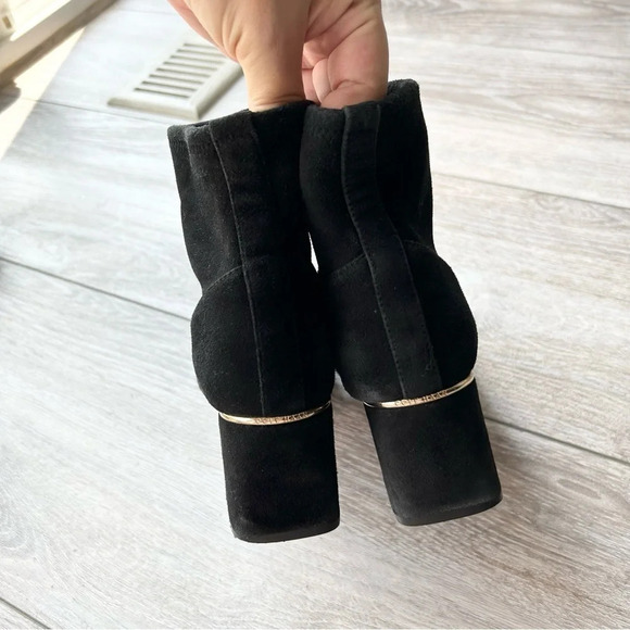Cole Haan Laree Stretch Black Suede Sock Booties  with Gold Bar - Picture 5 of 16